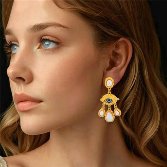 🧿 Gold Evil Eye Dangle Earrings | Lightweight Statement Drop Earrings - Picture 4 of 7